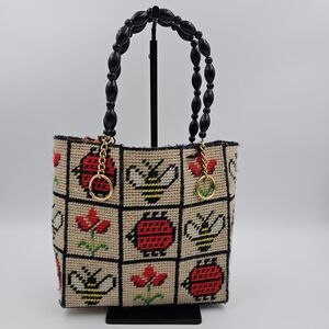 Needlepoint Vintage Bag With Flowers, Bees And Lady Bugs 1970s Plastic Canvas